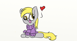 Size: 1366x728 | Tagged: safe, artist:littleflaky, imported from derpibooru, derpy hooves, pony, clothes, cute, derpabetes, female, heart, silly, silly pony, simple background, solo, sweater, tongue out