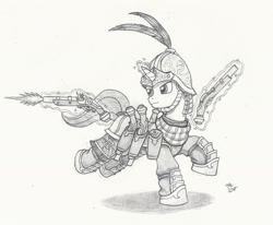 Size: 2126x1754 | Tagged: safe, artist:sensko, imported from derpibooru, oc, oc only, pony, unicorn, armor, flintlock, grayscale, gun, helmet, magic, monochrome, pencil drawing, pistolier, simple background, solo, traditional art, twilight's royal guard, weapon, white background