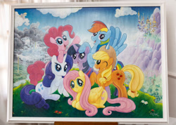 Size: 1600x1137 | Tagged: safe, artist:luanmonta, imported from derpibooru, applejack, derpy hooves, fluttershy, pinkie pie, rainbow dash, rarity, twilight sparkle, pegasus, pony, canterlot, canterlot castle, cloud, cloudsdale, female, gouache, hill, mane six, mane six opening poses, mare, painting, photo, scene interpretation, traditional art, watermark