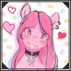 Size: 820x820 | Tagged: safe, artist:onylex, imported from derpibooru, pinkie pie, :3, blushing, bust, choker, cute, ear piercing, earring, female, grin, head tilt, heart, jewelry, looking at you, piercing, pinkamena diane pie, smiling, solo
