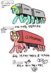 Size: 1000x1436 | Tagged: safe, artist:orang111, imported from derpibooru, oc, oc:malgallrum ms.park, object pony, original species, truck pony, doodle, hyundai, korean, multiple legs, multiple limbs, ponified, scania, translation request, truck, wat, what has science done, wheel arrangement