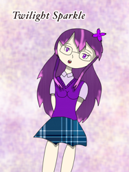 Size: 1536x2048 | Tagged: safe, artist:php45, imported from derpibooru, twilight sparkle, human, clothes, female, flower, flower in hair, glasses, headcanon, humanized, open mouth, skirt, solo