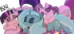 Size: 900x416 | Tagged: safe, artist:bow2yourwaifu, imported from derpibooru, starlight glimmer, trixie, twilight sparkle, alicorn, pony, unicorn, cuddle puddle, cuddling, cute, fluffy, group, leaning, lidded eyes, lip bite, looking at you, one eye closed, open mouth, pony pile, prone, sleeping, sleepy, smiling, twilight sparkle (alicorn), wavy mouth, wink