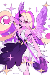 Size: 1205x1795 | Tagged: safe, artist:dusty-munji, imported from derpibooru, princess cadance, human, elf ears, female, humanized, pony coloring, simple background, solo, winged humanization