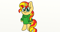 Size: 1366x728 | Tagged: safe, artist:littleflaky, imported from derpibooru, sunset shimmer, pony, unicorn, bipedal, clothes, cute, female, looking at you, mare, shimmerbetes, simple background, smiling, solo, sweater, white background