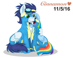 Size: 4076x3281 | Tagged: safe, artist:cinnamon-swirls, imported from derpibooru, rainbow dash, soarin', pony, backwards cutie mark, blushing, clothes, male, shipping, simple background, soarindash, straight, transparent background, wonderbolts uniform