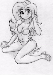 Size: 1614x2286 | Tagged: safe, artist:zemer, imported from derpibooru, fluttershy, equestria girls, belly button, bikini, clothes, feet, female, grayscale, midriff, monochrome, sandals, solo, swimsuit