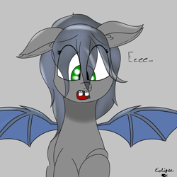 Size: 1500x1500 | Tagged: safe, artist:eclipsepenumbra, imported from derpibooru, oc, oc only, oc:eclipse penumbra, bat pony, pony, bat wings, eeee, fangs, food, green eyes, marshmallow, signature, solo