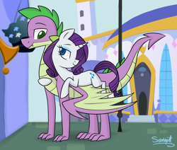 Size: 900x764 | Tagged: safe, artist:flourret, imported from derpibooru, rarity, spike, dragon, pony, unicorn, hug, looking at each other, looking back, looking down, looking up, male, older, ponies riding dragons, rarity riding spike, riding, shipping, smiling, sparity, spread wings, straight