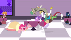 Size: 8000x4500 | Tagged: safe, artist:kimberlycolors, imported from derpibooru, discord, pinkie pie, screwball, fanfic:daughter of discord, absurd resolution, clothes, crossover, dress, fart joke, grand galloping gala, laughing, nightcrawler, ponified, ronaldo fryman, spoiler, steven universe, x-men