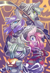 Size: 2408x3500 | Tagged: safe, artist:kaikoinu, imported from derpibooru, limestone pie, marble pie, maud pie, pinkie pie, earth pony, semi-anthro, vampire, cape, claws, clothes, costume, dracula, female, freddy krueger, grim reaper, halloween, halloween costume, holiday, jack-o-lantern, metal claws, nightmare night, pie sisters, pinkamena diane pie, pumpkin, scythe, siblings, sisters, witch