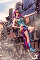 Size: 1024x1536 | Tagged: safe, artist:babygirlfallenangel, imported from derpibooru, rainbow dash, human, boots, clothes, corset, cosplay, costume, high heel boots, high heels, irl, irl human, locomotive, photo, shoes, solo, steam engine, train