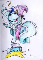 Size: 1442x2028 | Tagged: safe, artist:cutepencilcase, imported from derpibooru, trixie, pony, unicorn, eyes closed, female, hat, lidded eyes, looking at you, nightcap, raised hoof, smiling, solo, stars, traditional art