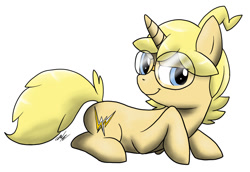 Size: 1126x776 | Tagged: safe, artist:wolftendragon, imported from derpibooru, pony, unicorn, clemont, glasses, pokémon, ponified, prone, solo