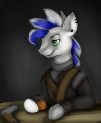 Size: 822x1000 | Tagged: safe, artist:opalescentplasma, imported from derpibooru, oc, oc only, oc:stormrunner, fallout equestria, alcohol, bar, clothes, colt 45, gun, m1911, piercing, scarf, solo, weapon, whiskey