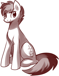 Size: 644x832 | Tagged: safe, artist:fizzy-dog, imported from derpibooru, oc, oc only, earth pony, pony, looking at you, male, monochrome, oc name needed, sitting, smiling, smirk, solo, stallion