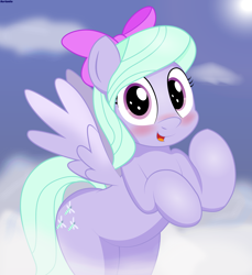 Size: 3900x4266 | Tagged: safe, artist:an-tonio, imported from derpibooru, flitter, pegasus, pony, bipedal, blushing, bow, cloud, cute, female, flitterbetes, hair bow, mare, open mouth, solo