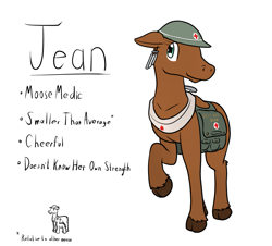 Size: 1391x1255 | Tagged: safe, artist:the-furry-railfan, imported from derpibooru, oc, oc only, oc:jean, moose, fallout equestria: long haul, brodie helmet, canada, ear piercing, earring, hat, helmet, horse collar, jewelry, maple leaf, medic, medical saddlebag, piercing, raised hoof, reference sheet, saddle bag, size difference, wind chime, yoke