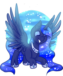 Size: 1766x2135 | Tagged: safe, artist:kirakamaura, artist:olivecow, imported from derpibooru, princess luna, alicorn, pony, eyes closed, female, jewelry, regalia, smiling, solo