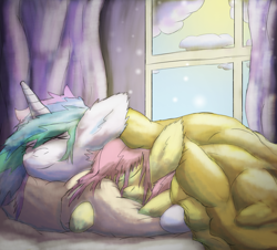 Size: 4104x3713 | Tagged: safe, artist:firefanatic, imported from derpibooru, fluttershy, princess celestia, alicorn, pegasus, pony, bed, bed mane, blanket, colored, cuddling, cute, duo, ear fluff, eyes closed, fluffy, friendshipping, messy mane, prone, sleeping, smiling, snuggling, story included, window