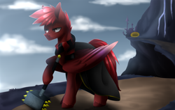 Size: 3900x2465 | Tagged: safe, artist:scarlet-spectrum, imported from derpibooru, oc, oc only, oc:red flare, cape, clothes, commission, hammer, scenery, solo, war hammer, weapon