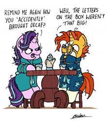 Size: 1495x1689 | Tagged: safe, artist:bobthedalek, imported from derpibooru, starlight glimmer, sunburst, pony, unicorn, annoyed, bathrobe, bed mane, chair, clothes, dialogue, duo, eye contact, frown, glare, looking at each other, messy mane, open mouth, robe, simple background, sitting, squishy cheeks, stool, table, teapot, white background, wide eyes