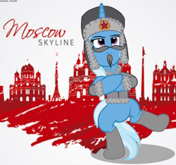 Size: 5342x5005 | Tagged: safe, artist:asika-aida, imported from derpibooru, trixie, pony, unicorn, absurd resolution, clothes, communism, cossack dance, dancing, facial hair, female, hat, moustache, russian, solo, soviet, soviet union, ushanka