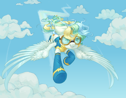 Size: 3806x2972 | Tagged: safe, artist:orchidpony, imported from derpibooru, vapor trail, pegasus, pony, cloud, female, flying, goggles, mare, smiling, smug, solo, wonderbolt trainee uniform