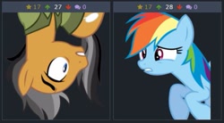 Size: 467x257 | Tagged: safe, artist:cyanlightning, imported from derpibooru, quibble pants, rainbow dash, derpibooru, juxtaposition, juxtaposition win, meme, meta, upside down