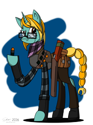 Size: 2000x2667 | Tagged: safe, artist:derpanater, imported from derpibooru, oc, oc only, oc:cherry bomb, pony, unicorn, fallout equestria, clothes, commission, glasses, grenades, plaid, pouch, pouches, scarf, simple background, smirk, solo, transparent background