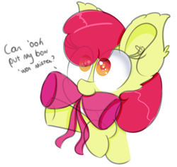 Size: 1002x944 | Tagged: safe, artist:pastelhorses, imported from derpibooru, apple bloom, pony, adorabloom, apple bloom's bow, bow, cute, female, hair bow, implied anon, mouth hold, offscreen character, simple background, solo, weapons-grade cute, white background