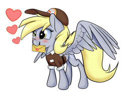 Size: 1024x768 | Tagged: safe, artist:arcuswind, imported from derpibooru, derpy hooves, pegasus, pony, blushing, clothes, female, heart, letter, love letter, mailmare, mare, mouth hold, simple background, solo, spread wings, transparent background, uniform