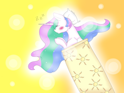 Size: 4000x3000 | Tagged: safe, artist:chrysalisgalaxy19, artist:scenicstar, imported from derpibooru, princess celestia, alicorn, blanket, blushing, collaboration, female, pillow, sleeping, solo, zzz