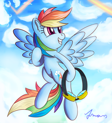 Size: 1500x1650 | Tagged: safe, artist:atmosseven, imported from derpibooru, rainbow dash, backwards cutie mark, cloud, female, flying, goggles, grin, smiling, solo