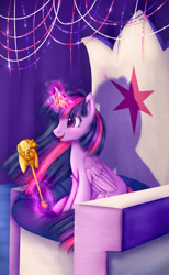 Size: 1667x2700 | Tagged: safe, artist:equmoria, artist:sparkiss-pony, imported from derpibooru, twilight sparkle, alicorn, pony, crown, female, friendship throne, jewelry, magic, regalia, scepter, solo, throne, twilight scepter, twilight sparkle (alicorn)