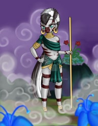 Size: 900x1165 | Tagged: safe, artist:yunsildin, imported from derpibooru, zecora, anthro, human, zebra, bodypaint, earring, female, fog, humanized, jewelry, piercing, poison joke, solo, staff, watermark