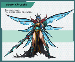 Size: 1024x845 | Tagged: dead source, safe, artist:nekoka shuuri-ya, imported from derpibooru, queen chrysalis, human, armor, boots, breasts, cleavage, clothes, dress, elf ears, female, grin, humanized, insect wings, lidded eyes, lipstick, looking at you, side slit, smiling, socks, solo, sword, thigh highs, weapon, winged humanization