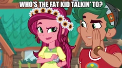 Size: 888x499 | Tagged: safe, imported from derpibooru, screencap, gloriosa daisy, timber spruce, equestria girls, legend of everfree, image macro, meme, new student starfish, spongebob squarepants