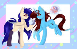 Size: 2391x1531 | Tagged: safe, artist:clefficia, imported from derpibooru, oc, oc only, pegasus, pony, unicorn, hoof hold, magic, present