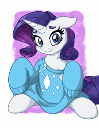 Size: 1275x1650 | Tagged: safe, artist:latecustomer, imported from derpibooru, rarity, pony, unicorn, blushing, clothes, cute, female, mare, oversized clothes, raribetes, smiling, solo, sweater