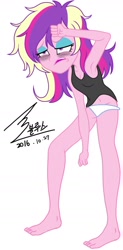 Size: 900x1822 | Tagged: safe, artist:bluse, imported from derpibooru, princess cadance, equestria girls, background removed, bags under eyes, barefoot, clothes, dean cadance, feet, female, incorrect foot anatomy, incorrect hand anatomy, messy hair, panties, show accurate, solo, tanktop, tired, underwear, white underwear