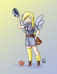 Size: 2549x3299 | Tagged: safe, artist:yunsildin, imported from derpibooru, derpy hooves, human, clothes, female, food, humanized, mailmare, muffin, skirt, solo, uniform, winged humanization