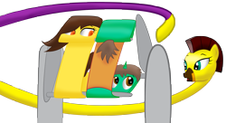 Size: 4775x2600 | Tagged: safe, artist:orcbrother, imported from derpibooru, oc, oc only, oc:frost d. tart, oc:golden lily, oc:rubberandia, cartoon physics, elastic, flattened, flattening, flexible, machine, request, shape change, simple background, stretchy, transparent background