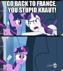Size: 500x562 | Tagged: safe, edit, edited screencap, imported from derpibooru, screencap, rarity, twilight sparkle, games ponies play, door slam, hub logo, image macro, insulting rarity, meme