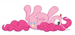 Size: 1280x606 | Tagged: safe, artist:littlehybridshila, imported from derpibooru, pinkie pie, earth pony, pony, :p, cute, diapinkes, female, horses doing horse things, legs in air, looking up, mare, on back, pointing, ponk, silly, silly pony, simple background, smiling, solo, tongue out, underhoof, upside down, white background