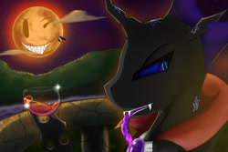 Size: 1024x683 | Tagged: safe, artist:phobos-ilungian, imported from derpibooru, oc, oc only, oc:phobos, changeling, alcohol, changeling oc, clothes, costume, crystal, dracula, drink, fangs, halloween, male, moon, nightmare night, purple changeling, smiley, smiley face, solo, stallion, tongue out, wine