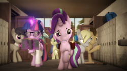 Size: 2560x1440 | Tagged: safe, artist:redaceofspades, imported from derpibooru, bon bon, derpy hooves, dj pon-3, doctor whooves, lyra heartstrings, octavia melody, sci-twi, starlight glimmer, time turner, twilight sparkle, vinyl scratch, alicorn, pony, 3d, backpack, book, clothes, door, doorway, glasses, hallway, lab coat, lockers, magic, nervous, ponified, raised hoof, reading, saddle bag, school, scitwilicorn, source filmmaker