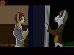 Size: 2560x1920 | Tagged: safe, artist:rostimen, imported from derpibooru, anthro, black star, david bowie, door, duo, elegant, house, night, patreon, patreon logo, pillar, song, song reference, stars are out night