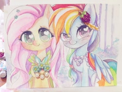 Size: 1200x900 | Tagged: safe, artist:odaefnyo, imported from derpibooru, fluttershy, rainbow dash, pegasus, pony, collage, female, flutterdash, heart eyes, lesbian, mare, shipping, traditional art, watercolor painting, wingding eyes