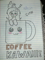 Size: 1536x2048 | Tagged: safe, imported from derpibooru, oc, oc only, pony, coffee, coffee mug, cup of pony, cute, lined paper, micro, monochrome, neo noir, partial color, photo, solo, traditional art, zzz